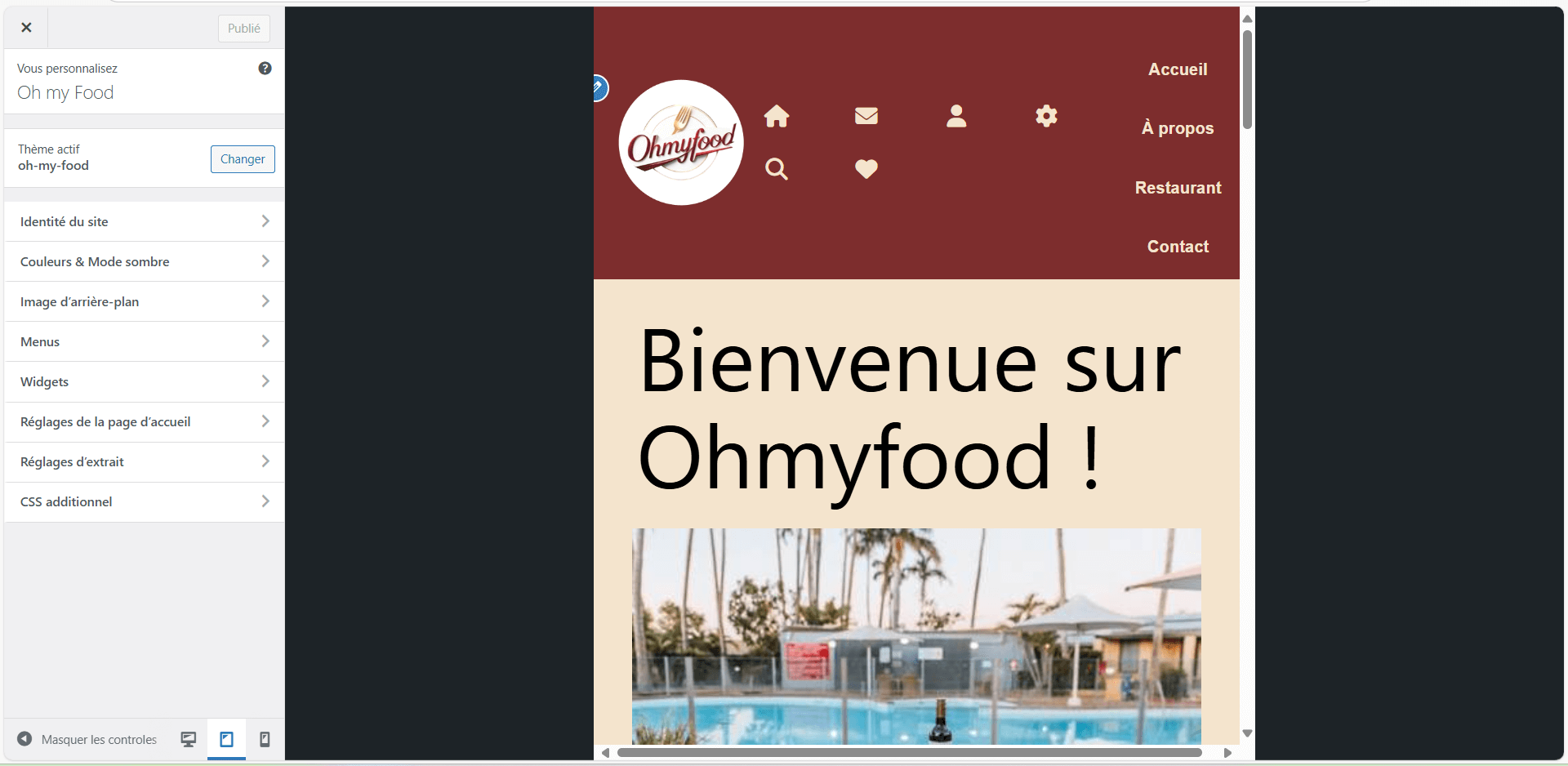 WordPress Customizer — aperçu planchet page d’accueil